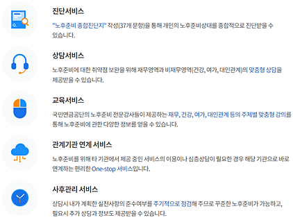 진단서비스-'노후준비 종합진단지' 작성(37개 문항)을 통해 개인의 노후준비상태를 종합적으로 진단받을 수 있습니다., 상담서비스-노후준비에 대한 취약점 보완을 위해 재무영역과 비재무영역(건강, 여가, 대인관계)의 맞춤형 상담을 제공받을 수 있습니다., 교육서비스-국민연금공단의 노후준비 전문강사들이 제공하는 재무, 건강, 여가, 대인관계등의 주제별 맞춤형 강의를 통해 노후준비에 관한 다양한 정보를 얻을 수 있습니다., 관계기관 연계 서비스-노후준비를 위해 타 기관에서 제공 중인 서비스의 이용이나 심층상담이 필요한 경우 해당 기관으로 바로 연계하는 편리한 One-stop서비스입니다., 사후관리 서비스-상담시 내가 계획한 실천사항의 준수여부를 주기적으로 점검해 주므로 꾸준한 노후준비가 가능하고, 필요시 추가 상담과 정보도 제공받을 수 있습니다.